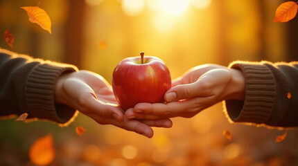 Hands holding red apple in autumn forest at sunset, fall harvest and thanksgiving concept