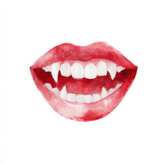 Naklejka premium Watercolor vampire mouth fang red lip horror spooky blood gothic scary tooth bite tease with eerie charm and playful dread painted texture and white background highlight chilling smile