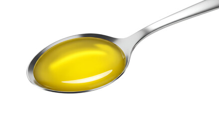 A metal spoon holding a bright yellow liquid possibly oil or honey isolated on transparent background