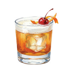 Watercolor Vector of Whiskey Sour Cocktail with Cherry Garnish on White Background