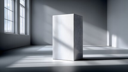 Minimalist product shot of a clean, white, unmarked rectangular box standing on a white surface, with soft, natural light and subtle, elegant shadows.
