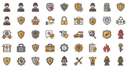 Comprehensive security services icon set showcasing safety protection and emergency response