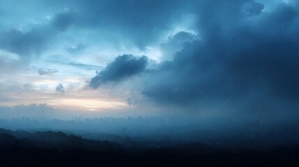 A dramatic city skyline is veiled by heavy rain and dark storm clouds with soft light breaking through the upper sky at dusk
