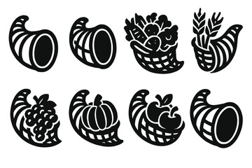 Bold Cornucopia Icons. Basic Cornucopias silhouette set : traditional horn basket, cornucopia with fruits, cornucopia with vegetables, cornucopia with