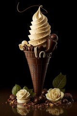 Chocolate ice cream cone dessert in artistic style, brown and cream colors, celebration concept, World Chocolate Day words + concept