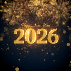 Happy New Year 2026 celebration with golden fireworks and glowing numbers, festive holiday background for greeting cards and banners.