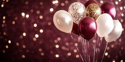 Elegant party balloons in burgundy gold and white with warm bokeh lights background.