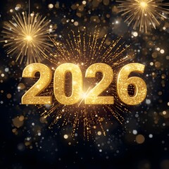 Happy New Year 2026 celebration with golden fireworks and glowing numbers, festive holiday background for greeting cards and banners.