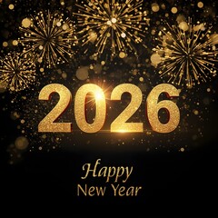 Happy New Year 2026 celebration with golden fireworks and glowing numbers, festive holiday background for greeting cards and banners.