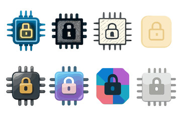 Brutalist Security Chips. Creative Styles silhouette set : neon glowing security chip, pixel art security chip, hand-drawn sketch security chip,