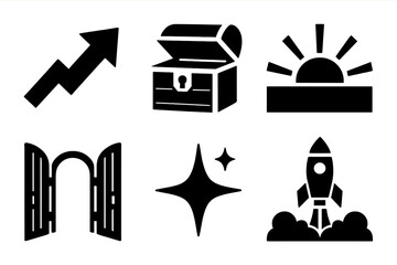 Brutalist Icons of Opportunity. Opportunity Ahead silhouette set : rising arrow, treasure chest opening, sunrise over horizon, rocket launch, open