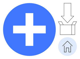 Obraz premium Blue cross symbol with a house icon and downward-pointing arrow into an open box. Ideal for healthcare, delivery, home services, medical support, logistics, packaging, minimalistic design. Simple
