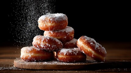 Powdered sugar being sprinkled on a stack of donuts on a wooden board.