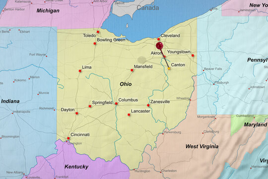 Colorful location map with red stick pin at Canton, Ohio, United States of America, USA and the surrounding area