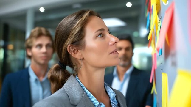 A female business team gathered around a board with sticky notes brainstorming schedules and reminders professional outfits with contemporary styling bright indoor light and