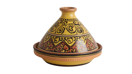 Moroccan Tagine Pot: A meticulously crafted Moroccan tagine pot, a symbol of culinary heritage, elegantly displays intricate patterns and rich colors, a testament to timeless tradition and artistry.
