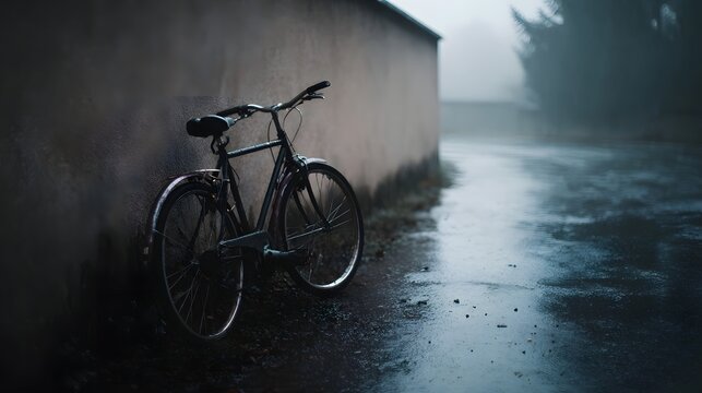 An abandoned vintage bicycle rests against a textured wall on a wet foggy road under soft muted overcast light