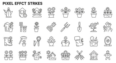 Outline icon set for flower and garden vector concept, pixel effect strokes