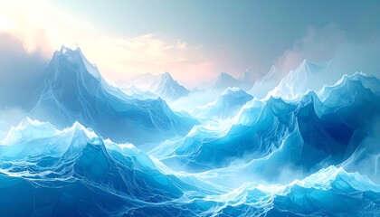 Vast icy mountains, sunrise