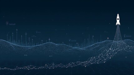 Futuristic Digital Landscape with Rocket Launching in Night Sky