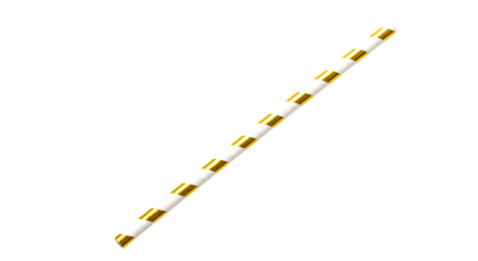 A single striped paper drinking straw with alternating white and gold segments isolated on transparent background