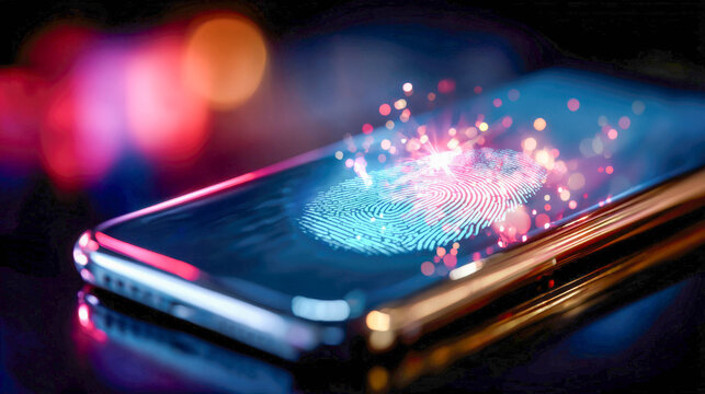 Close-up of a finger on a glowing smartphone screen, activating a fingerprint scanner, depicting security, technology, data protection, and biometric access