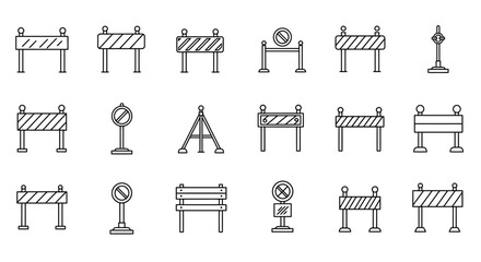 Vector line art set of different traffic barrier and construction signs collection