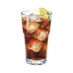Watercolor Vector of Rum and Coke Cocktail with Lime Garnish on White Background
