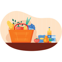 Grocery shopping basket on kitchen table vector
