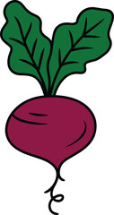 A Simple Hand-Drawn Cartoon of a Healthy Purple Beetroot or Radish with Green Leaves and a Curly Root, Representing Fresh Vegetables and Organic Farming Vector Art.