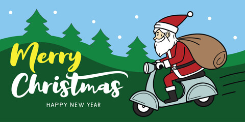 Whimsical Santa delivering presents on scooter, spreading holiday cheer and festive wishes for Merry Christmas and Happy New Year
