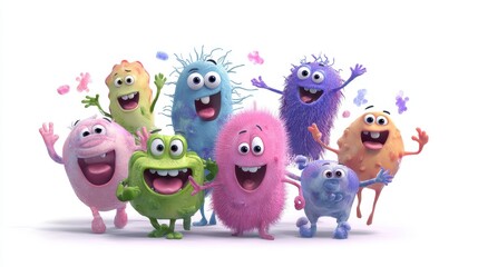 Obraz premium A whimsical depiction of a bacteria party, animated characters, joyful expressions, isolated on white background.