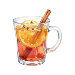 Watercolor Vector of Hot Toddy Cocktail with Cinnamon and Orange on White Background