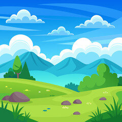 Obraz premium Vibrant cartoon landscape vector illustration with rolling hills and fluffy clouds