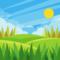 Obraz premium Cartoon grass field sunny sky vector illustration flat design scalable nature landscape