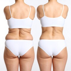 Before and after weight loss.  Two women's backs and bottoms in white underwear