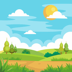 Obraz premium Vector cartoon nature scenery with green grass field sunny sky and clouds illustration