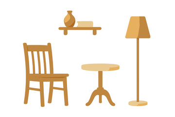 Modern home interior scene featuring stylish furniture and decor items including a wooden chair, small table, floor lamp, wall shelf, ceramic vase, and book