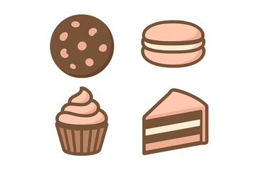 Assortment of sweet bakery desserts including chocolate chip cookie macaron cupcake and cake slice on a clean white background