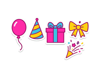 Vibrant celebration party elements set with balloon, festive hat, wrapped gift box, decorative bow, and exploding confetti popper