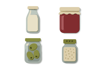 Stylized collection of food jars and bottles with milk, jam, olives, and spices, presented in a minimalist style