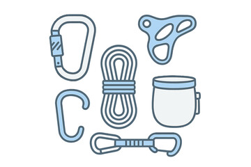 Climbing and mountaineering equipment set with carabiners, rope, belay device, and chalk bag for outdoor sports