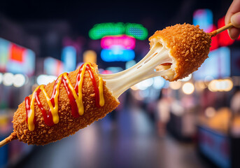 Korean corn dog with cheese pull, topped with ketchup and mustard, on a stick.