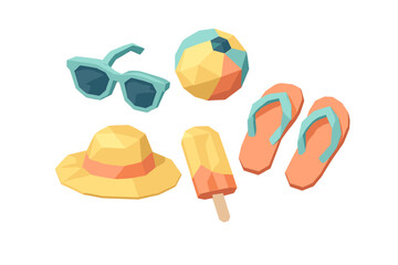 Collection of colorful summer vacation accessories including stylish sunglasses, a vibrant beach ball, a classic sun hat, a refreshing popsicle, and comfortable flip flops