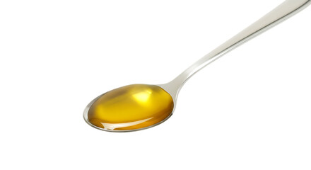 A shiny metal spoon holding a viscous golden liquid of honey isolated on transparent background