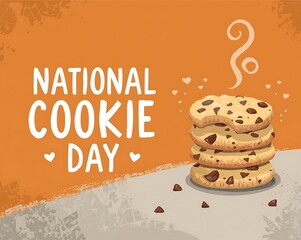 National cookie day poster of stacked chocolate chip cookies with scattered chocolate chunks and crumbs on warm orange background ideal for bakery branding promotional social media content.