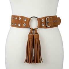 Brown suede belt with tassel accent isolated on transparent background