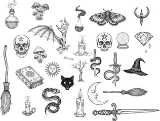 Esoteric Witchcraft and Mystical Magic Elements Hand Drawn Sketch Collection for Spellcasting and Occult Practices