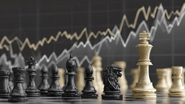 Chess pieces on a board with stock market graphs - Powered by Adobe