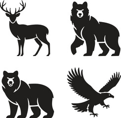 Silhouettes of deer, bear, and eagle showcasing iconic wildlife shapes for nature, branding, education, and artistic design themes
